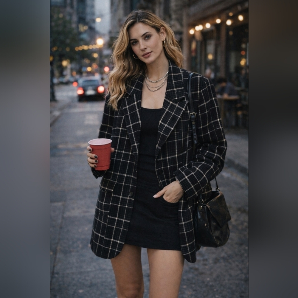 We The Free Oversizrd Black and White Windowpane Blazer Indie Sleeze
